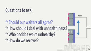 69
Questions to ask:
* Should our waiters all agree?
* How should I deal with unhealthiness?
* Who decides we’re unhealthy?
* How do we recover?
 