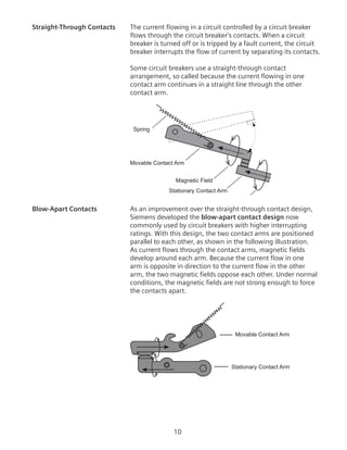 10
Straight-Through Contacts	 The current flowing in a circuit controlled by a circuit breaker
flows through the circuit breaker’s contacts. When a circuit
breaker is turned off or is tripped by a fault current, the circuit
breaker interrupts the flow of current by separating its contacts.
Some circuit breakers use a straight-through contact
arrangement, so called because the current flowing in one
contact arm continues in a straight line through the other
contact arm.
Spring
Movable Contact Arm
Magnetic Field
Stationary Contact Arm
Magnetic Field
Blow-Apart Contacts	 As an improvement over the straight-through contact design,
Siemens developed the blow-apart contact design now
commonly used by circuit breakers with higher interrupting
ratings. With this design, the two contact arms are positioned
parallel to each other, as shown in the following illustration.
As current flows through the contact arms, magnetic fields
develop around each arm. Because the current flow in one
arm is opposite in direction to the current flow in the other
arm, the two magnetic fields oppose each other. Under normal
conditions, the magnetic fields are not strong enough to force
the contacts apart.
Movable Contact Arm
Stationary Contact Arm
 