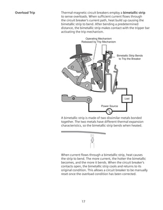 17
Overload Trip	 Thermal-magnetic circuit breakers employ a bimetallic strip
to sense overloads. When sufficient current flows through
the circuit breaker’s current path, heat build up causing the
bimetallic strip to bend. After bending a predetermined
distance, the bimetallic strip makes contact with the tripper bar
activating the trip mechanism.
Bimetallic Strip Bends
to Trip the Breaker
Power Source
Load
Operating Mechanism
Released by Trip Mechanism
A bimetallic strip is made of two dissimilar metals bonded
together. The two metals have different thermal expansion
characteristics, so the bimetallic strip bends when heated.
When current flows through a bimetallic strip, heat causes
the strip to bend. The more current, the hotter the bimetallic
becomes, and the more it bends. When the circuit breaker’s
contacts open, the bimetallic strip cools and returns to its
original condition. This allows a circuit breaker to be manually
reset once the overload condition has been corrected.
 