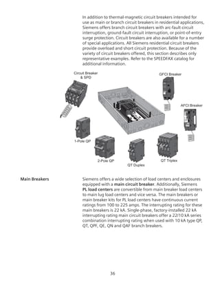36
In addition to thermal-magnetic circuit breakers intended for
use as main or branch circuit breakers in residential applications,
Siemens offers branch circuit breakers with arc-fault circuit
interruption, ground-fault circuit interruption, or point-of-entry
surge protection. Circuit breakers are also available for a number
of special applications. All Siemens residential circuit breakers
provide overload and short circuit protection. Because of the
variety of circuit breakers offered, this section describes only
representative examples. Refer to the SPEEDFAX catalog for
additional information.
Circuit Breaker
 SPD
1-Pole QP
2-Pole QP
QT Duplex
QT Triplex
GFCI Breaker
AFCI Breaker
15
TEST
TYPE
QAFH
ARC
FAULT
GND
HACR
Circuit Breaker
Combination Ty
AFC
AFCI OInterrupting Rating
22kA 120V
Max. RMS Sym.
50/60 Hz
SWD
40 C
10707150001
TEST
TYPE QPF
Circuit Breaker and
SPD
Circuit Breaker and
SPD
Main Breakers	 Siemens offers a wide selection of load centers and enclosures
equipped with a main circuit breaker. Additionally, Siemens
PL load centers are convertible from main breaker load centers
to main lug load centers and vice versa. The main breakers or
main breaker kits for PL load centers have continuous current
ratings from 100 to 225 amps. The interrupting rating for these
main breakers is 22 kA. Single-phase, factory-installed 22 kA
interrupting rating main circuit breakers offer a 22/10 kA series
combination interrupting rating when used with 10 kA type QP,
QT, QPF, QE, QN and QAF branch breakers.
 
