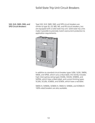 53
Solid-State Trip Unit Circuit Breakers
SJD, SLD, SMD, SND, and 	 Type SJD, SLD, SMD, SND, and SPD circuit breakers are
SPD Circuit Breakers	 similar to type JD, LD, MD, ND, and PD circuit breakers, but
are equipped with a solid-state trip unit. Solid-state trip units
make it possible to precisely match overcurrent protection to
application requirements.
Danger
In addition to standard circuit breaker types SJD6, SLD6, SMD6,
SND6, and SPD6, which carry a blue label, this family includes
high interrupting rating types SHJD6, SHLD6, SHMD6, and
SHPD6, which have a black label, and current limiting types
SCJD6, SCLD6, SCMD6, and SCND6, which have a red label.
SMD6-H, SHMD6, SCMD6-H, SND6-H, SHND6, and SCND6-H
100% rated breakers are also available.
 