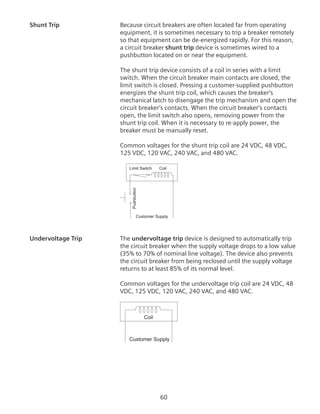 60
Shunt Trip	 Because circuit breakers are often located far from operating
equipment, it is sometimes necessary to trip a breaker remotely
so that equipment can be de-energized rapidly. For this reason,
a circuit breaker shunt trip device is sometimes wired to a
pushbutton located on or near the equipment.
The shunt trip device consists of a coil in series with a limit
switch. When the circuit breaker main contacts are closed, the
limit switch is closed. Pressing a customer-supplied pushbutton
energizes the shunt trip coil, which causes the breaker’s
mechanical latch to disengage the trip mechanism and open the
circuit breaker’s contacts. When the circuit breaker’s contacts
open, the limit switch also opens, removing power from the
shunt trip coil. When it is necessary to re-apply power, the
breaker must be manually reset.
Common voltages for the shunt trip coil are 24 VDC, 48 VDC,
125 VDC, 120 VAC, 240 VAC, and 480 VAC.
Pushbutton
Customer Supply
Limit Switch Coil
Undervoltage Trip	 The undervoltage trip device is designed to automatically trip
the circuit breaker when the supply voltage drops to a low value
(35% to 70% of nominal line voltage). The device also prevents
the circuit breaker from being reclosed until the supply voltage
returns to at least 85% of its normal level.
Common voltages for the undervoltage trip coil are 24 VDC, 48
VDC, 125 VDC, 120 VAC, 240 VAC, and 480 VAC.
Customer Supply
Coil
 