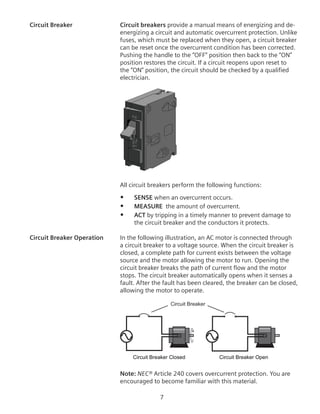 Circuit Breaker	 Circuit breakers provide a manual means of energizing and de-
energizing a circuit and automatic overcurrent protection. Unlike
fuses, which must be replaced when they open, a circuit breaker
can be reset once the overcurrent condition has been corrected.
Pushing the handle to the “OFF” position then back to the “ON”
position restores the circuit. If a circuit reopens upon reset to
the “ON” position, the circuit should be checked by a qualified
electrician.
All circuit breakers perform the following functions:
•	 SENSE when an overcurrent occurs.
•	 MEASURE the amount of overcurrent.
•	 ACT by tripping in a timely manner to prevent damage to
the circuit breaker and the conductors it protects.
Circuit Breaker Operation	 In the following illustration, an AC motor is connected through
a circuit breaker to a voltage source. When the circuit breaker is
closed, a complete path for current exists between the voltage
source and the motor allowing the motor to run. Opening the
circuit breaker breaks the path of current flow and the motor
stops. The circuit breaker automatically opens when it senses a
fault. After the fault has been cleared, the breaker can be closed,
allowing the motor to operate.
Circuit Breaker
Circuit Breaker Closed
Motor Running
Circuit Breaker Open
Motor Stopped
Note: NEC® Article 240 covers overcurrent protection. You are
encouraged to become familiar with this material.
 