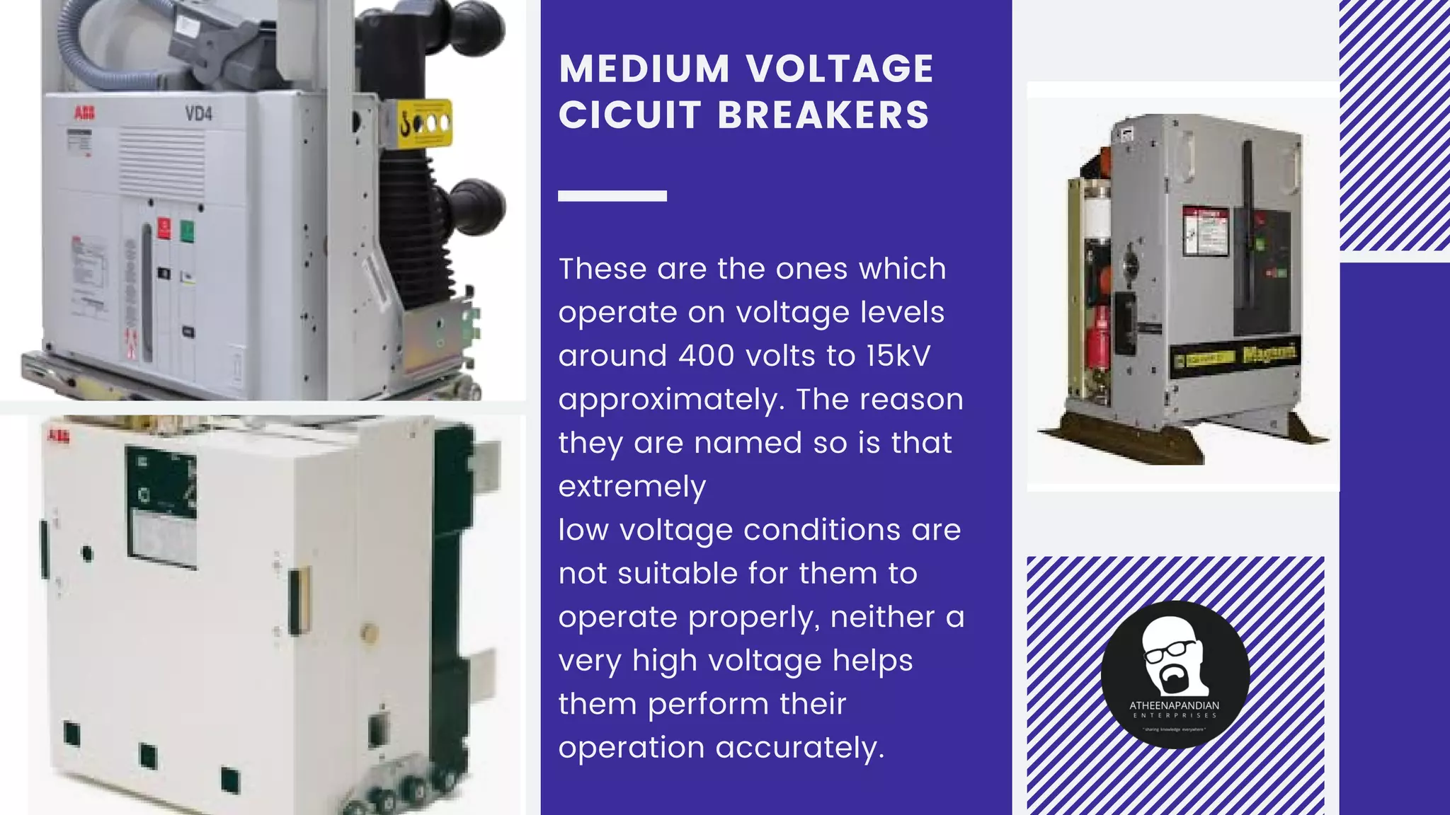 MEDIUM VOLTAGE
CICUIT BREAKERS
These are the ones which
operate on voltage levels
around 400 volts to 15kV
approximately. The reason
they are named so is that
extremely
low voltage conditions are
not suitable for them to
operate properly, neither a
very high voltage helps
them perform their
operation accurately.
 
