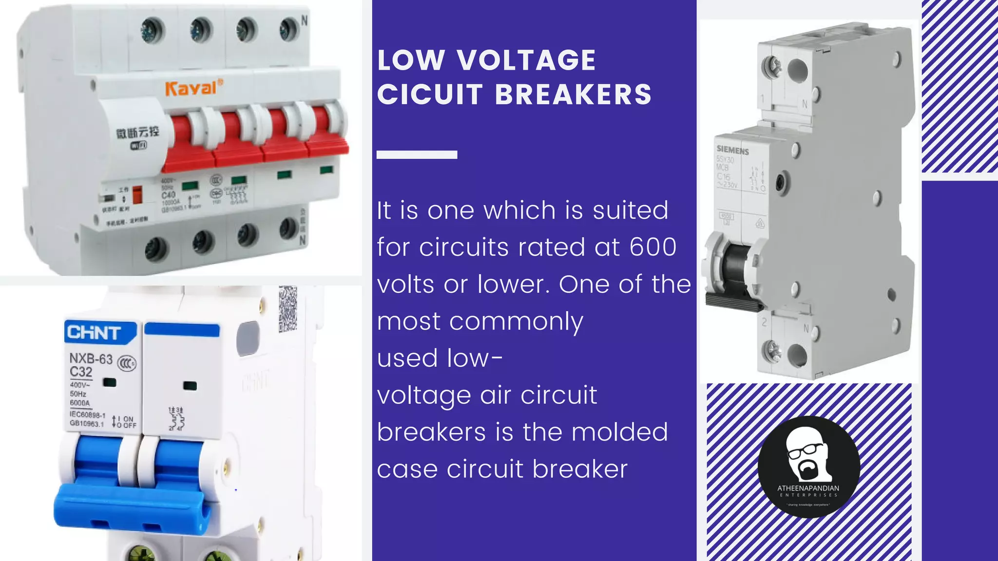 LOW VOLTAGE
CICUIT BREAKERS
It is one which is suited
for circuits rated at 600
volts or lower. One of the
most commonly
used low-
voltage air circuit
breakers is the molded
case circuit breaker
 