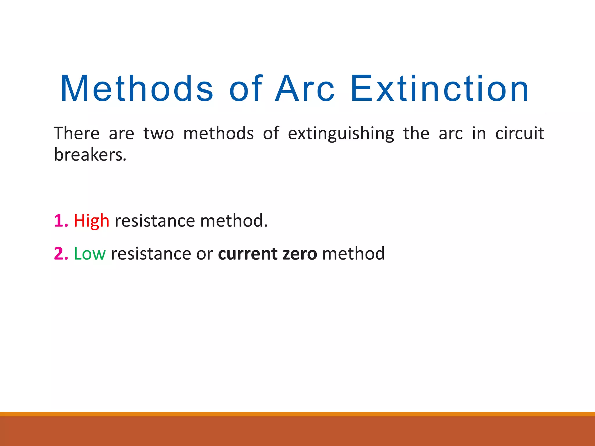 Methods of Arc Extinction
There are two methods of extinguishing the arc in circuit
breakers.
1. High resistance method.
2. Low resistance or current zero method
 