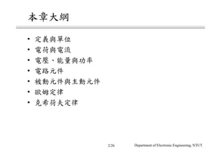 本章大綱
• 定義與單位
• 電荷與電流
• 電壓、能量與功率
• 電路元件
• 被動元件與主動元件
• 歐姆定律
• 克希荷夫定律
Department of Electronic Engineering, NTUT2/26
 