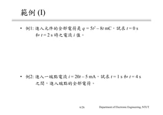 範例 (I)
• 例1: 進入元件的全部電荷是 q = 5t2 – 8t mC，試求 t = 0 s
和 t = 2 s 時之電流 i 值。
• 例2: 進入一端點電流 i = 20t – 5 mA，試求 t = 1 s 和 t = 4 s
之間，進入端點的全部電荷。
Department of Electronic Engineering, NTUT6/26
 