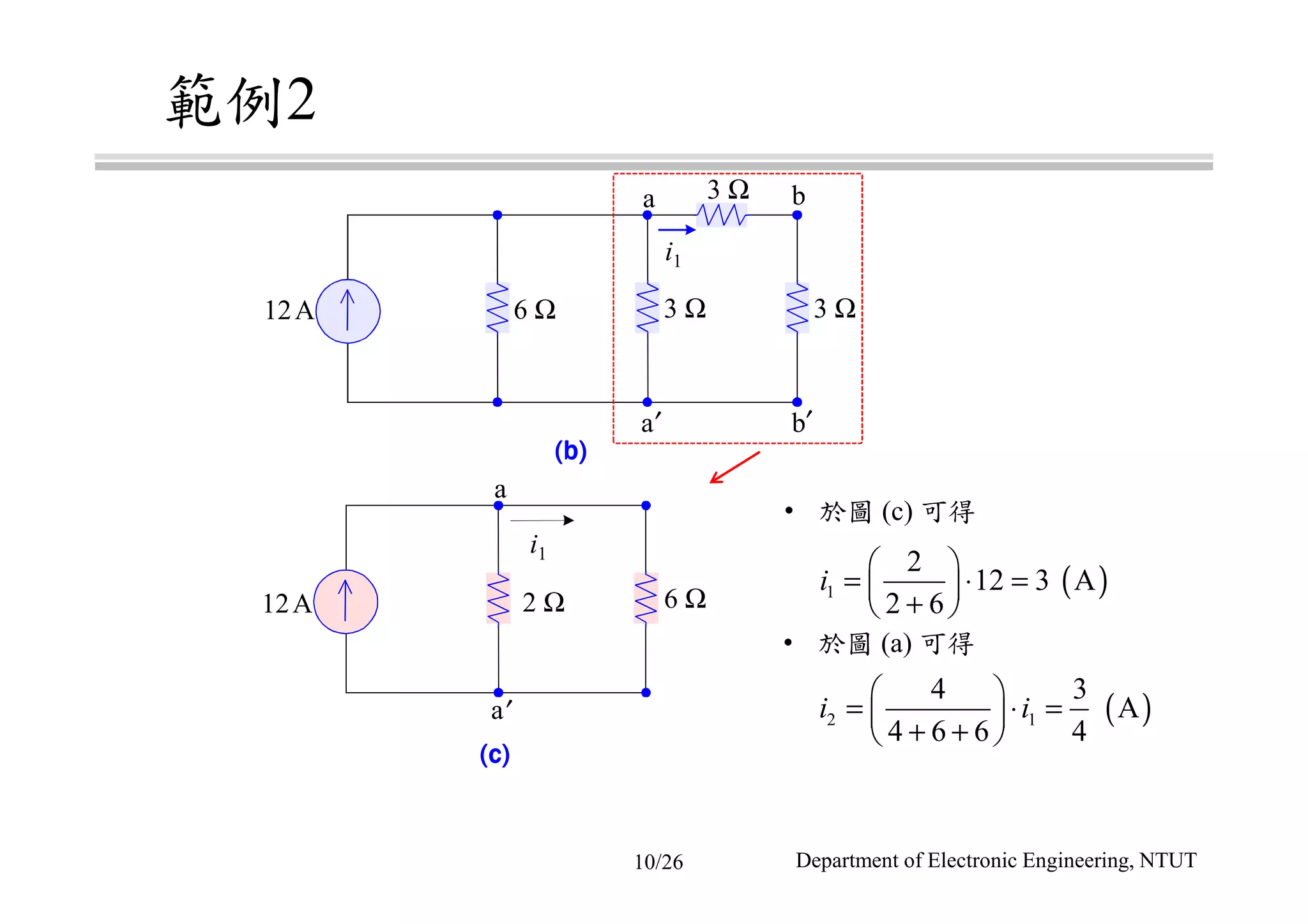 2
Department of Electronic Engineering, NTUT
3 Ω
3 Ω3 Ω6 ΩA12
a b
a′ b′
(b)(b)(b)(b)
i1
a
A12
a′
(c)(c)(c)(c)
6 Ω2 Ω
i1
( )1
2
12 3 A
2 6
i
 
= ⋅ = 
+ 
• (c)
( )2 1
4 3
A
4 6 6 4
i i
 
= ⋅ = 
+ + 
• (a)
10/26
 