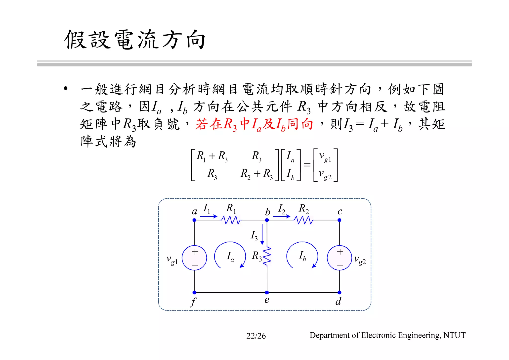 •
Ia , Ib R3
R3 R3 Ia Ib I3 = Ia + Ib
Department of Electronic Engineering, NTUT
+
−
+
−
vg1
a b c
def
I1
vg2
I2
I3
R1
R3
R2
Ia Ib
11 3 3
23 2 3
ga
gb
vR R R I
vR R R I
+     
=     +     
22/26
 