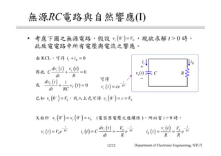 RC (I)
• t > 0
KCL
( ) t > 0
( ) 00cv V−
=
0c Ri i+ =
( ) ( )
0c cdv t v t
C
dt R
+ =
( )
( )
1
0C
C
dv t
v t
dt RC
+ = ( )
t
RC
cv t ce
−
=
( ) 00cv V−
= ( ) 00cv c V−
= =
( ) ( ) 00 0c cv v v+ −
= =
( ) 0
t
RC
cv t V e
−
= ( )
( ) 0
t
c RC
c
dv t V
i t C e
dt R
−
= = − ( )
( ) 0
t
c RC
R
v t V
i t e
R R
−
= =
RCvc(t)
+
−
ic iR
Department of Electronic Engineering, NTUT12/32
 