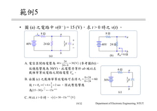 5
• (a) v(0 ) = 15 (V) t > 0 v(t)
24 Ω
1
3F
+
−
v40V
8 Ωi a
b
(a) (b)
40V
a
b
Rth
= 6 Ω
8 Ω
24 Ω
A. ( (b))
30(V) ab
Voc
( )
24
40 30 V
24 8
× =
+
B. (c)
8 24
6
8 24
thR
×
= = Ω
+
1
6 2 sec
3
thR Cτ = × = × =
( ) 0.52
15 30 15
t
t
e e
−
−
− = −
C. t > 0 ( ) ( )0.5
30 15 Vt
v t e−
= −
1
3F30V
a
b
(c)
6 Ω
Department of Electronic Engineering, NTUT19/32
 