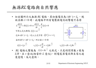 RL
• RL i (0 ) = I0
t > 0
• RL τ
L/R τ ( L )
i(0+) = i(0 ) = I0 t > 0
i(0 ) = I0
+
−
v t( ) L R
−
+
vR
i t( )
( )
( )
( )
( )0 0
di t di t R
L Ri t i t
dt dt L
+ = ⇒ + =
( )
R
t
L
i t ce
−
=
( ) 00i c I−
= =
( ) 0
R
t
L
i t I e
−
= ( ) 0
R
t
L
L
di
v t L I Re
dt
−
= = − ( ) 0
R
t
L
Rv t iR I Re
−
= =
( )
t
f t Ke τ
−
=
Department of Electronic Engineering, NTUT23/32
 