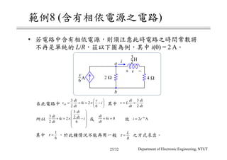 8 ( )
•
L/R i(0) = 2 A
v
6A
a
b
2 Ω
3
2H
4 Ω
i
+ −v
3
4 2
2 6
ab
di v
v i i
dt
 
= + = × − 
 
3
2
di di
v L
dt dt
= =
3
3 24 2
2 6
di
di dti i
dt
 
 
+ = × − 
 
 
6 0
di
i
dt
+ = 6
2 At
i e−
=
1
6
τ =
L
R
τ =
Department of Electronic Engineering, NTUT25/32
 