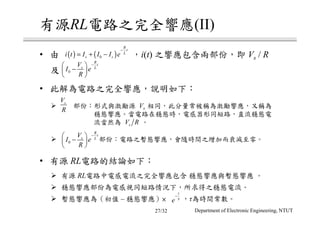 RL (II)
• i(t) Vs / R
•
• RL
RL
– τ
( ) ( )0
R
t
L
s si t I I I e
−
= + −
0
R
t
s L
V
I e
R
− 
− 
 
t
e τ
−
0
R
t
s L
V
I e
R
− 
− 
 
Vs
sV
R
sV R
Department of Electronic Engineering, NTUT27/32
 