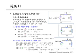 11
• i(t)
A. u(t) (b)
B. –u(t – 2) (c)
i2(t) i2 t( ) = – 0.5 [1 – e-2(t – 2)] , t ＞ 2
i1 t( ) = 0.5 (1 – e-2t)(A) , 0 ＜ t ＜ 2i t( ) =
i1 t( ) += i2 t( ) = – 0.5 [1 – e-2(t – 2)] (A) , t ＞ 20.5 (1 – e-2t)
i1(0) = 0 A = 0 i1(t) = 0
t 0
di
dt i+ =2 0 i t Ae t( ) = −2
t 0 i1 t i1 i1 Aef n
t
( ) = + = + −
0.5 2
di1
dt
i1+ =2 0
i1(0) = 0.5 + A = 0 A = - 0.5⇒
0.5 (1 – e-2t) (A) , t ＞ 0i1 t( ) =
+
−[u(t)−u(t−2)] V
2 Ω i
1H
+
−
v t( )
u(t)
i1(t) –u(t – 2)
i2(t) i(t) = i1(t) + i2(t)
+
−
2 Ω
1H
(c)
i2(t)
−u(t−2) V
(a)
+
−
u t( )
2 Ω
1H
(b)
i1(t)
Department of Electronic Engineering, NTUT31/32
 
