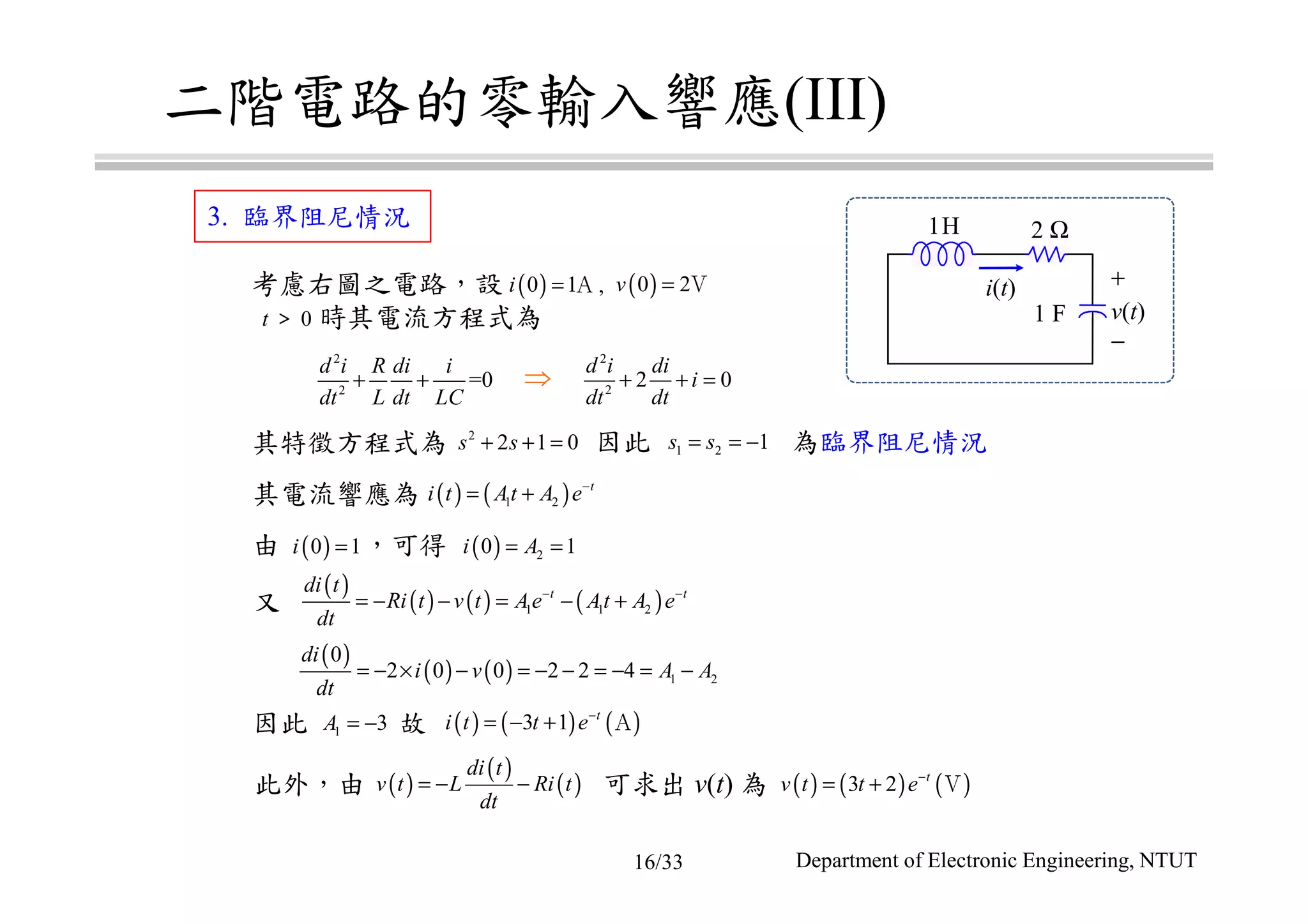 二階電路的零輸入響應(III)
考慮右圖之電路，設 ,
t ＞ 0 時其電流方程式為
其電流響應為
由 ，可得
其特徵方程式為 因此 為臨界阻尼情況
又
因此 故
此外，由 可求出 v(t) 為
1H 2 Ω
1 F
+
−
v(t)
i(t)( )0 1i = Ａ ( )0 2v = Ｖ
2
2
=0
d i R di i
dt L dt LC
+ +
2
2
2 0
d i di
i
dt dt
+ + =
2
2 1 0s s+ + = 1 2 1s s= = −
( ) ( )1 2
t
i t At A e−
= +
⇒
( )0 1i = ( ) 20 1i A= =
( )
( ) ( ) ( )1 1 2
t tdi t
Ri t v t Ae At A e
dt
− −
= − − = − +
( )
( ) ( ) 1 2
0
2 0 0 2 2 4
di
i v A A
dt
= − × − = − − = − = −
( ) ( ) ( )3 1 t
i t t e−
= − + Ａ1 3A = −
( )
( )
( )
di t
v t L Ri t
dt
= − − ( ) ( ) ( )3 2 t
v t t e−
= + Ｖ
3. 臨界阻尼情況
Department of Electronic Engineering, NTUT16/33
 