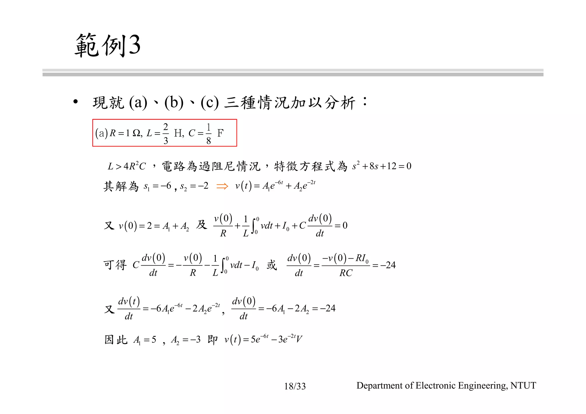 其解為 ,
範例3
• 現就 (a)、(b)、(c) 三種情況加以分析：
，電路為過阻尼情況，特徵方程式為
可得 或
又 ,
因此 , 即
及又
2
4L R C> 2
8 12 0s s+ + =
2 2s = − ( ) 6 2
1 2
t t
v t Ae A e− −
= +
( ) 1 20 2v A A= = +
( ) ( )0
00
0 01
0
v dv
vdt I C
R L dt
+ + + =∫
( ) ( ) 0
00
0 0 1dv v
C vdt I
dt R L
= − − −∫
( ) ( ) 00 0
24
dv v RI
dt RC
− −
= = −
( ) 6 2
1 26 2t tdv t
Ae A e
dt
− −
= − −
( )
1 2
0
6 2 24
dv
A A
dt
= − − = −
( ) 6 2
5 3t t
v t e e V− −
= −2 3A = −1 5A =
1 6s = −
( )
2
1 , ,
3 8
R L C= Ω = =
1
ａ Ｈ Ｆ
⇒
Department of Electronic Engineering, NTUT18/33
 