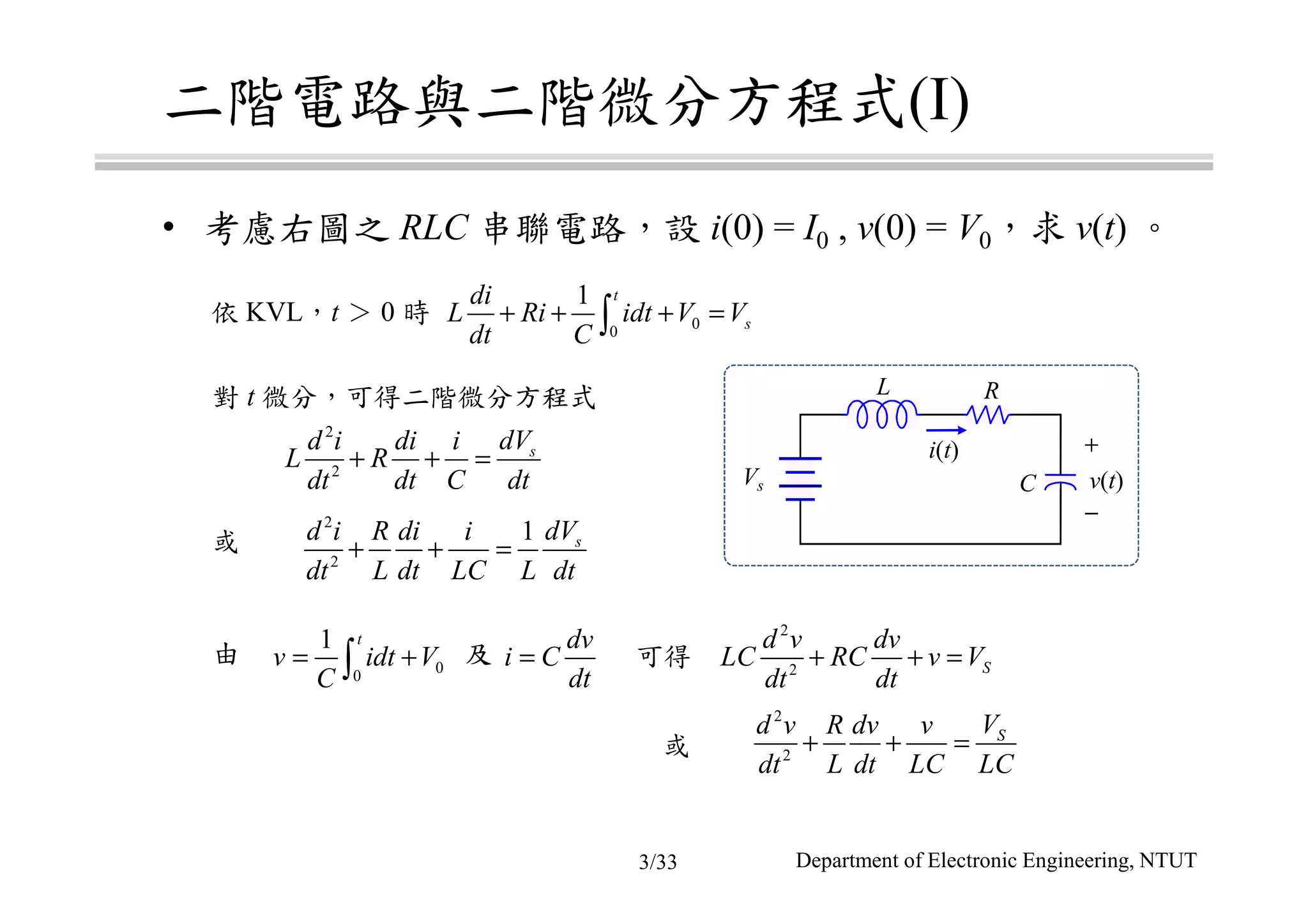 二階電路與二階微分方程式(I)
• 考慮右圖之 RLC 串聯電路，設 i(0) = I0 , v(0) = V0，求 v(t) 。
依 KVL，t ＞ 0 時
對 t 微分，可得二階微分方程式
可得
00
1 t
s
di
L Ri idt V V
dt C
+ + + =∫
2
2
sdVd i di i
L R
dt dt C dt
+ + =
0
0
1 t
v idt V
C
= +∫
2
2
1 sdVd i R di i
dt L dt LC L dt
+ + =
2
2
SVd v R dv v
dt L dt LC LC
+ + =
2
2 S
d v dv
LC RC v V
dt dt
+ + =
Vs
+
−
v(t)
L R
i(t)
C
或
由
dv
i C
dt
=及
或
Department of Electronic Engineering, NTUT3/33
 