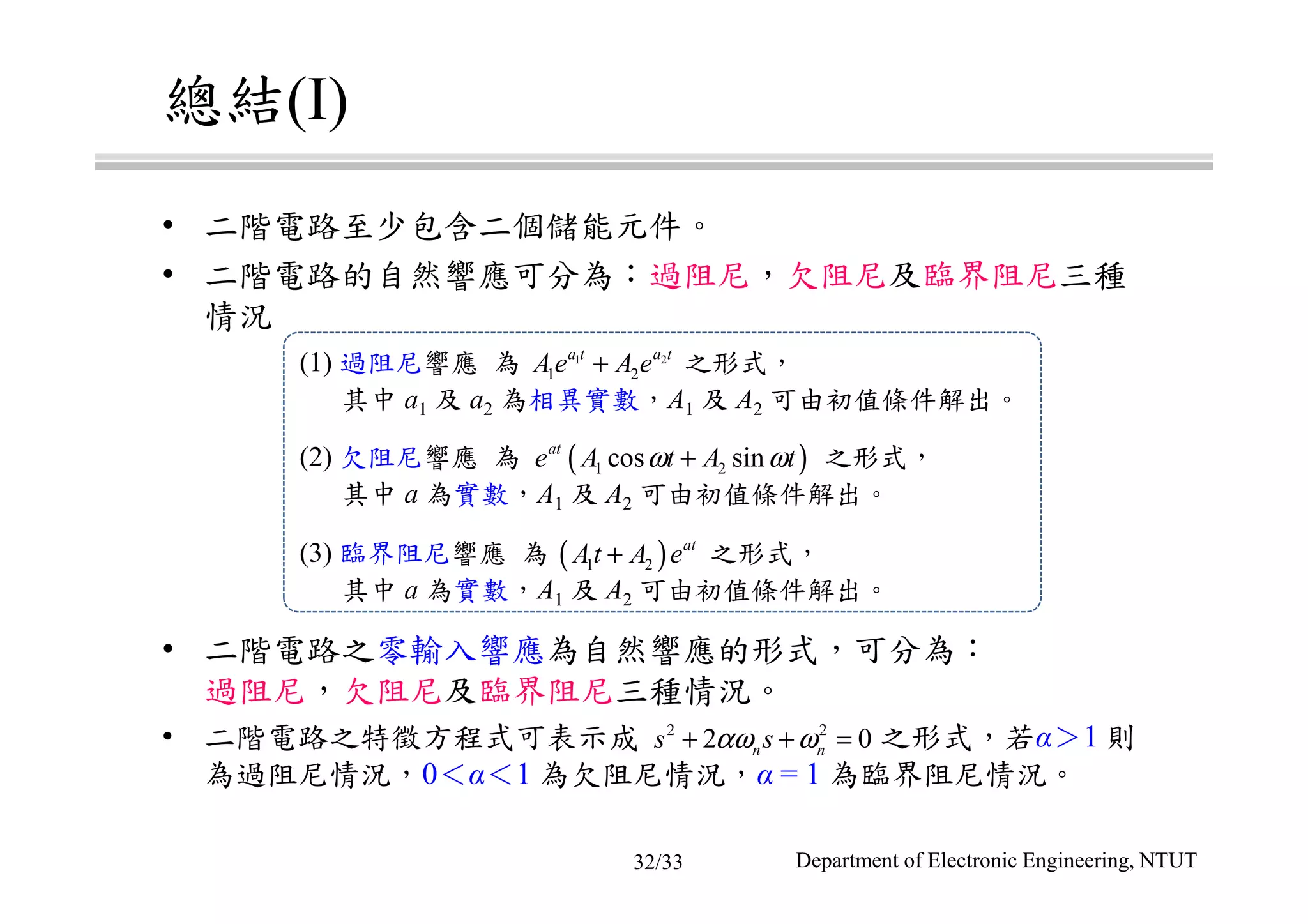 總結(I)
• 二階電路至少包含二個儲能元件。
• 二階電路的自然響應可分為：過阻尼，欠阻尼及臨界阻尼三種
情況
• 二階電路之零輸入響應為自然響應的形式，可分為：
過阻尼，欠阻尼及臨界阻尼三種情況。
• 二階電路之特徵方程式可表示成 之形式，若α＞1 則
為過阻尼情況，0＜α＜1 為欠阻尼情況，α = 1 為臨界阻尼情況。
(2) 欠阻尼響應 為 之形式，
其中 a 為實數，A1 及 A2 可由初值條件解出。
(1) 過阻尼響應 為 之形式，
其中 a1 及 a2 為相異實數，A1 及 A2 可由初值條件解出。
1 2
1 2
a t a t
Ae A e+
( )1 2cos sinat
e A t A tω ω+
(3) 臨界阻尼響應 為 之形式，
其中 a 為實數，A1 及 A2 可由初值條件解出。
( )1 2
at
At A e+
2 2
2 0n ns sαω ω+ + =
Department of Electronic Engineering, NTUT32/33
 