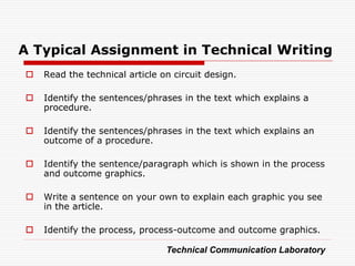 A Typical Assignment in Technical Writing
   Read the technical article on circuit design.

   Identify the sentences/phrases in the text which explains a
    procedure.

   Identify the sentences/phrases in the text which explains an
    outcome of a procedure.

   Identify the sentence/paragraph which is shown in the process
    and outcome graphics.

   Write a sentence on your own to explain each graphic you see
    in the article.

   Identify the process, process-outcome and outcome graphics.

                                Technical Communication Laboratory
 