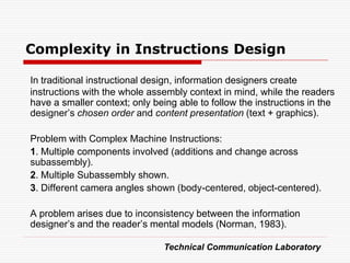 Complexity in Instructions Design

In traditional instructional design, information designers create
instructions with the whole assembly context in mind, while the readers
have a smaller context; only being able to follow the instructions in the
designer’s chosen order and content presentation (text + graphics).

Problem with Complex Machine Instructions:
1. Multiple components involved (additions and change across
subassembly).
2. Multiple Subassembly shown.
3. Different camera angles shown (body-centered, object-centered).

A problem arises due to inconsistency between the information
designer’s and the reader’s mental models (Norman, 1983).

                                Technical Communication Laboratory
 