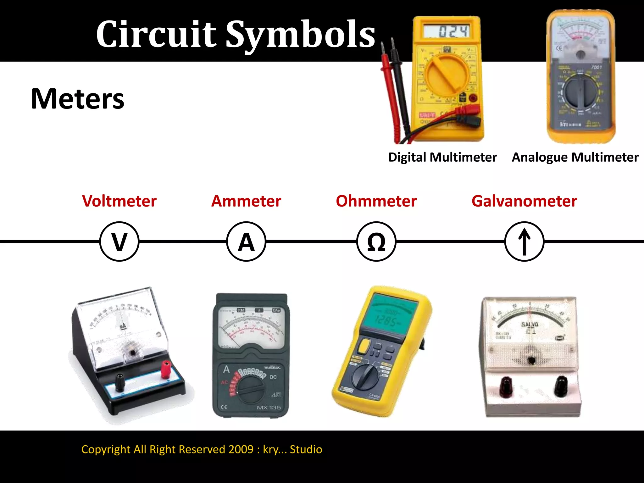 Circuit SymbolsMetersDigital MultimeterAnalogue MultimeterVoltmeterGalvanometerAmmeterOhmmeterVAΩCopyright All Right Reserved 2009 : kry... Studio