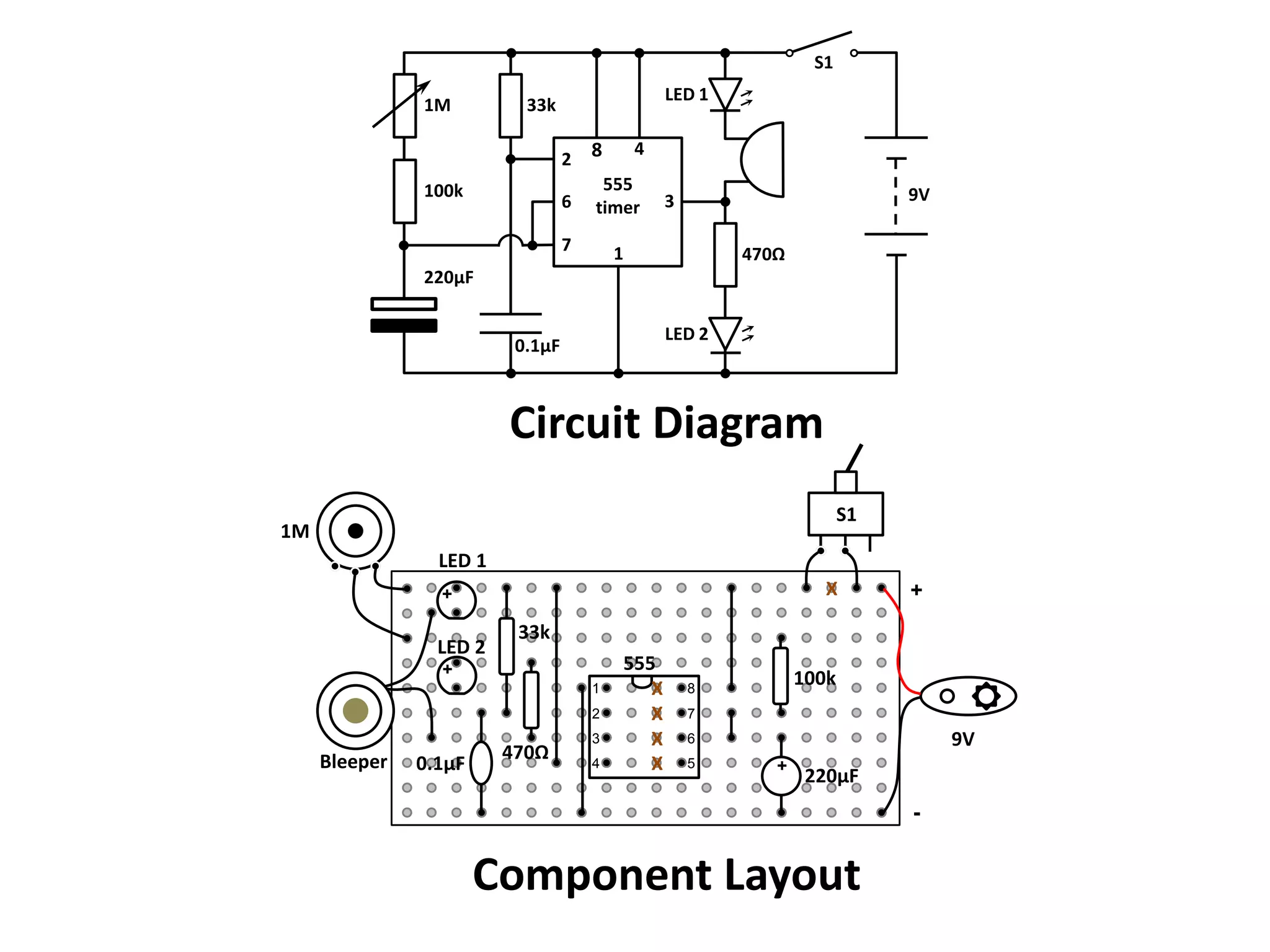 S1LED 11M33k842555timer100k9V3671470Ω220µFLED 20.1µFCircuit Diagram+S11MLED 1X++33kLED 2555100kX18X27X9V36470ΩBleeper0.1µFX45+220µF-Component Layout