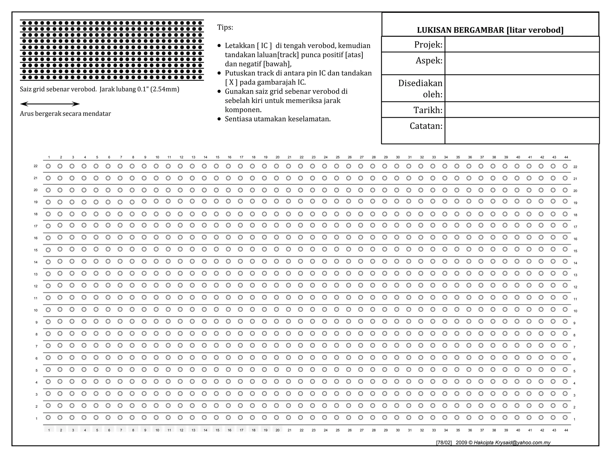 LUKISAN BERGAMBAR [litarverobod]Tips:Letakkan [ IC ]  ditengahverobod, kemudiantandakanlaluan[track] puncapositif [atas] dannegatif [bawah], 