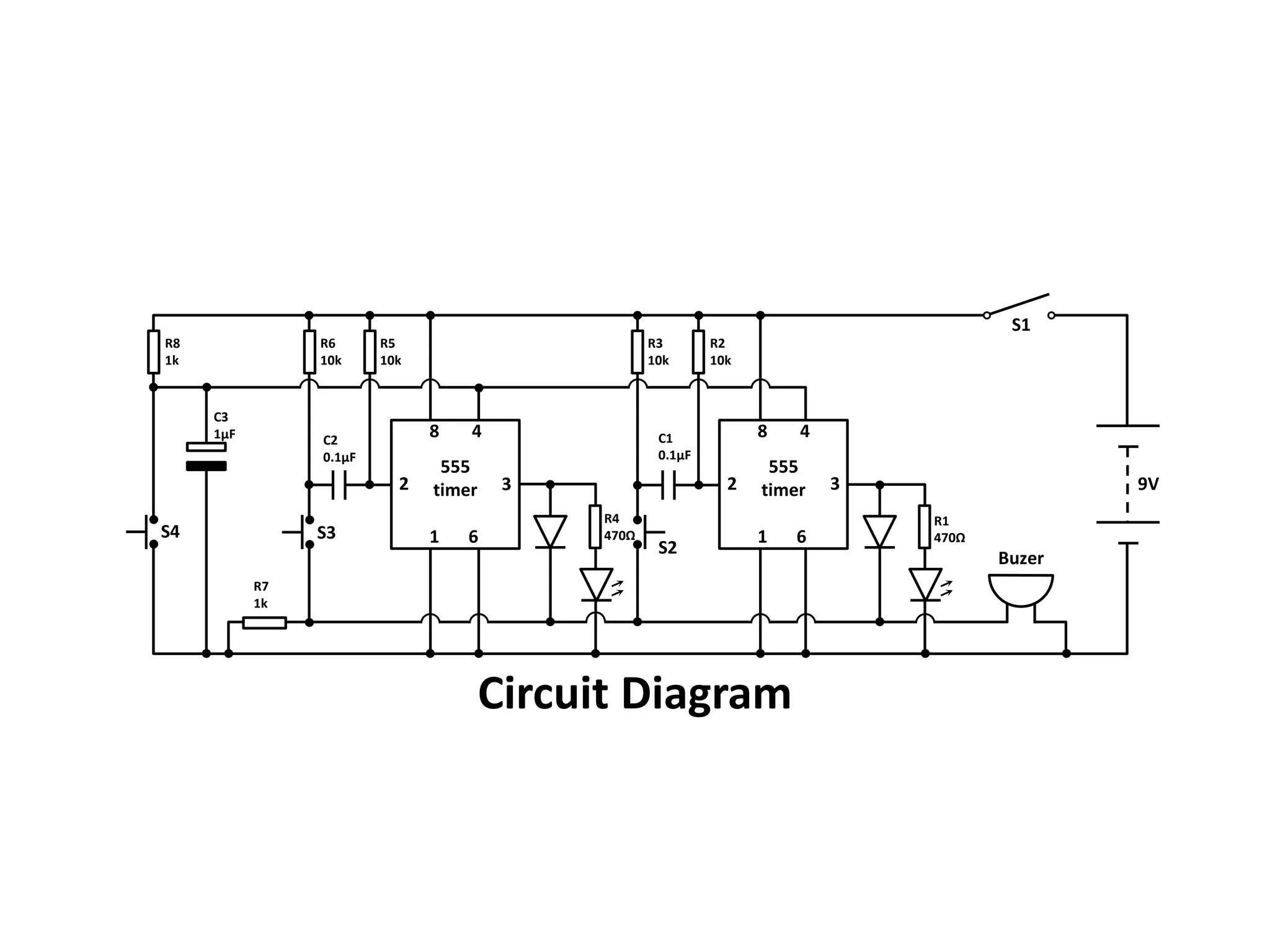R1680k847555timer9V63R210k555timerR1680k+R31k2LED 11R31kX18++X27C110µFLEDX36R210kX45IC 555Circuit DiagramC110µF+