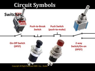Circuit SymbolsSwitchesPush Switch(push-to-make)Push-to-Break SwitchOn-Off Switch(SPST)2-way Switch/On-on(SPDT)Copyright All Right Reserved 2009 : kry... Studio
