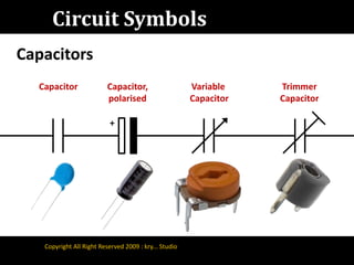 Circuit SymbolsCapacitorsCapacitorCapacitor, polarisedVariable CapacitorTrimmer Capacitor+Copyright All Right Reserved 2009 : kry... Studio
