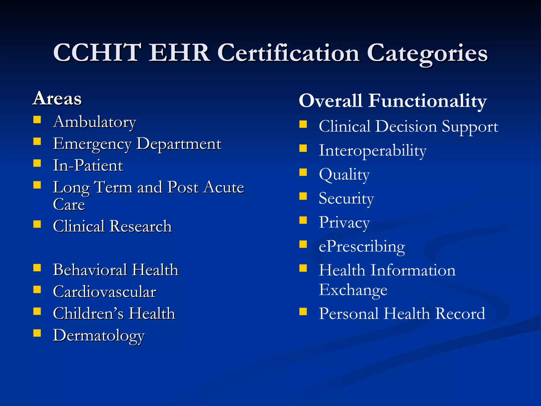 CCHIT EHR Certification Categories Areas Ambulatory Emergency Department In-Patient Long Term and Post Acute Care Clinical Research Behavioral Health Cardiovascular Children’s Health Dermatology Overall Functionality Clinical Decision Support Interoperability Quality Security Privacy ePrescribing Health Information Exchange Personal Health Record 
