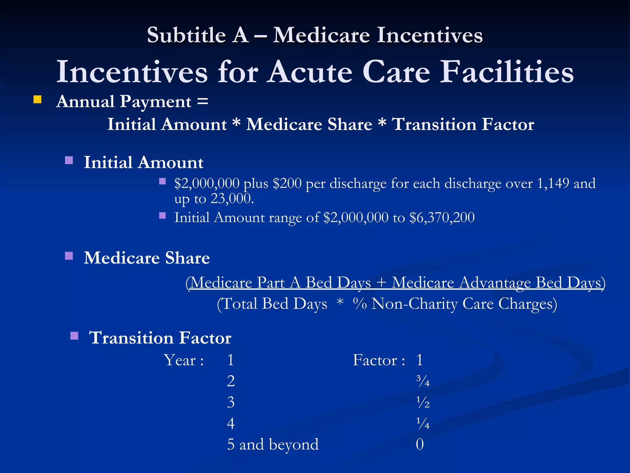 Subtitle A – Medicare Incentives Incentives for Acute Care Facilities Annual Payment =  Initial Amount * Medicare Share * Transition Factor   Initial Amount $2,000,000 plus $200 per discharge for each discharge over 1,149 and up to 23,000. Initial Amount range of $2,000,000 to $6,370,200 Medicare Share (Medicare Part A Bed Days + Medicare Advantage Bed Days) (Total Bed Days  *  % Non-Charity Care Charges) Transition Factor Year : 1 Factor : 1 2 ¾ 3 ½ 4 ¼ 5 and beyond 0 
