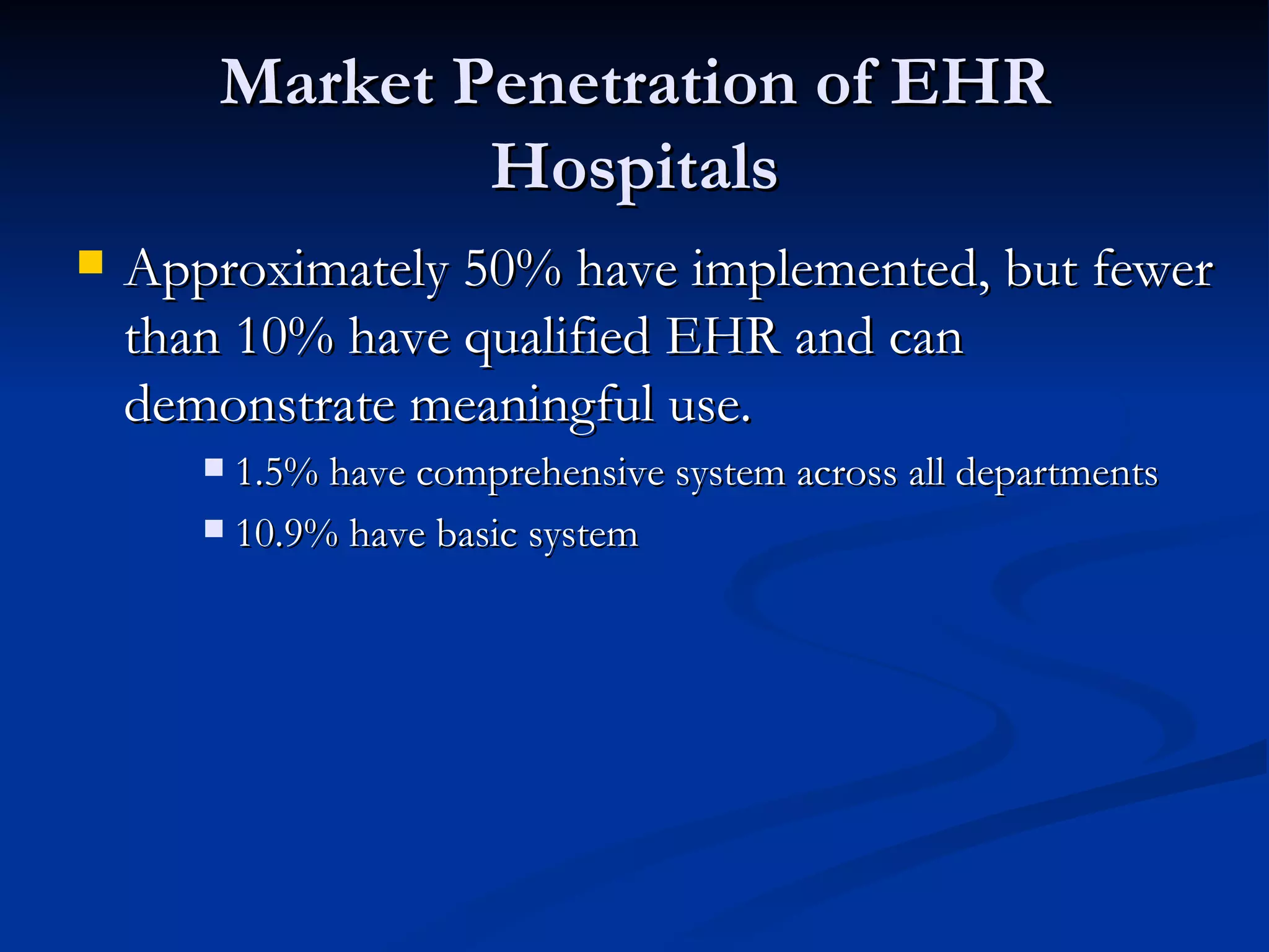 Market Penetration of EHR Hospitals Approximately 50% have implemented, but fewer than 10% have qualified EHR and can demonstrate meaningful use. 1.5% have comprehensive system across all departments 10.9% have basic system 