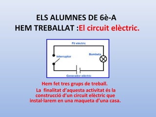 ELS ALUMNES DE 6è-A
HEM TREBALLAT :El circuit elèctric.
Hem fet tres grups de treball.
La finalitat d’aquesta activitat és la
construcció d’un circuit elèctric que
instal·larem en una maqueta d’una casa.
 