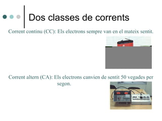 Dos classes de corrents
Corrent continu (CC): Els electrons sempre van en el mateix sentit.
Corrent altern (CA): Els electrons canvien de sentit 50 vegades per
segon.
 