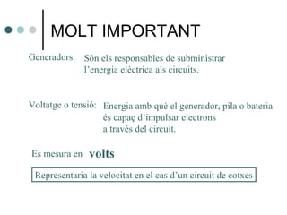 MOLT IMPORTANT
Generadors:
Voltatge o tensió:
Són els responsables de subministrar
l’energia elèctrica als circuits.
Energia amb què el generador, pila o bateria
és capaç d’impulsar electrons
a través del circuit.
Es mesura en volts
Representaria la velocitat en el cas d’un circuit de cotxes
 