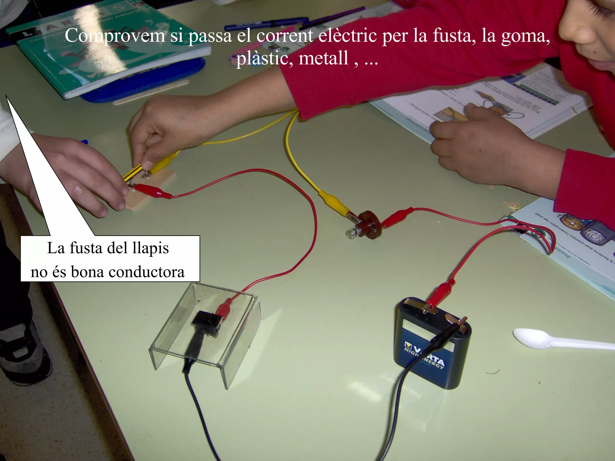 Comprovem si passa el corrent elèctric per la fusta, la goma, plàstic, metall , ... La fusta del llapis  no és bona conductora   