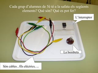 Cada grup d’alumnes de 5è té a la safata els següents elements? Què són? Què es pot fer? Són cables , fils elèctrics, ... La bombeta L’interruptor 