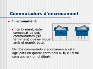 Commutadors d’encreuament
   Funcionament:

     Interiorment,està
     composat de dos
     commutadors (sis
     terminals) que es mouen
     amb el mateix botó.

    Els dos commutadors acostumen a estar
    agrupats en quatre terminals a, b, c i d tal
    com apareix en el dibuix.
 