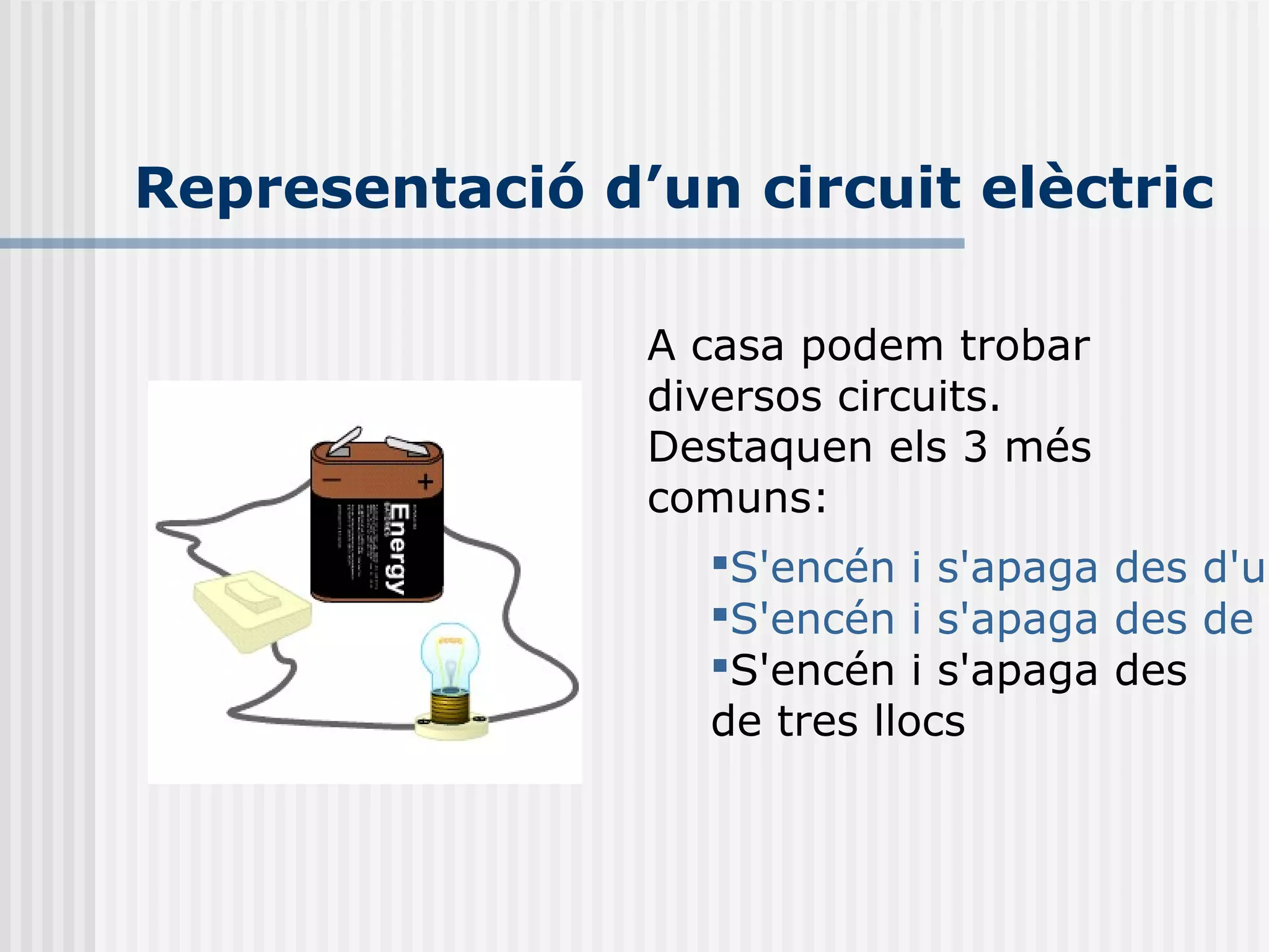 Representació d’un circuit elèctric
A casa podem trobar
diversos circuits.
Destaquen els 3 més
comuns:
S'encén i s'apaga des d'un
S'encén i s'apaga des de d
S'encén i s'apaga des
de tres llocs
 