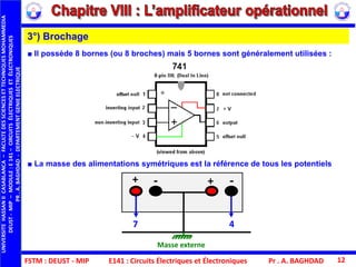 FSTM : DEUST - MIP E141 : Circuits Électriques et Électroniques Pr . A. BAGHDAD 12
■ La masse des alimentations symétriques est la référence de tous les potentiels
■ Il possède 8 bornes (ou 8 broches) mais 5 bornes sont généralement utilisées :
3°) Brochage
+ - + -
7 4
Masse externe
UNIVERSITEHASSANIICASABLANCA–FACULTEDESSCIENCESETTECHNIQUESMOHAMMEDIA
DEUST-MIP–MODULE:E141–CIRCUITSÉLECTRIQUESETÉLECTRONIQUES
PR.A.BAGHDAD-DEPARTEMENTGENIEELECTRIQUE
 