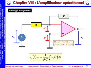 FSTM : DEUST - MIP E141 : Circuits Électriques et Électroniques Pr . A. BAGHDAD 35
Montage intégrateur
    dttv
RC
tv es
1
+
-
C
ve
R
vs~
e-
e+




eeCR
IIAOI
0
0

UNIVERSITEHASSANIICASABLANCA–FACULTEDESSCIENCESETTECHNIQUESMOHAMMEDIA
DEUST-MIP–MODULE:E141–CIRCUITSÉLECTRIQUESETÉLECTRONIQUES
PR.A.BAGHDAD-DEPARTEMENTGENIEELECTRIQUE
 