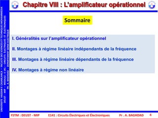 FSTM : DEUST - MIP E141 : Circuits Électriques et Électroniques Pr . A. BAGHDAD 4
I. Généralités sur l’amplificateur opérationnel
II. Montages à régime linéaire indépendants de la fréquence
III. Montages à régime linéaire dépendants de la fréquence
IV. Montages à régime non linéaire
UNIVERSITEHASSANIICASABLANCA–FACULTEDESSCIENCESETTECHNIQUESMOHAMMEDIA
DEUST-MIP–MODULE:E141–CIRCUITSÉLECTRIQUESETÉLECTRONIQUES
PR.A.BAGHDAD-DEPARTEMENTGENIEELECTRIQUE
Sommaire
 