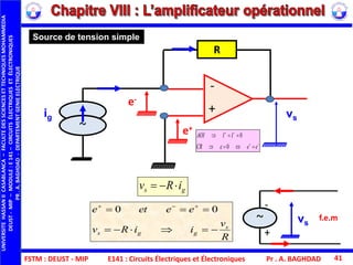 FSTM : DEUST - MIP E141 : Circuits Électriques et Électroniques Pr . A. BAGHDAD 41
gs iRv 
Source de tension simple
~ vs
-
+R
v
iiRv
eeete
s
ggs 
 
00
vs
R
ig
+
-
e-
~ e+




eeCR
IIAOI
0
0

f.e.m
UNIVERSITEHASSANIICASABLANCA–FACULTEDESSCIENCESETTECHNIQUESMOHAMMEDIA
DEUST-MIP–MODULE:E141–CIRCUITSÉLECTRIQUESETÉLECTRONIQUES
PR.A.BAGHDAD-DEPARTEMENTGENIEELECTRIQUE
 