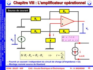 FSTM : DEUST - MIP E141 : Circuits Électriques et Électroniques Pr . A. BAGHDAD 43
+
-R1
R2
R4R3
vs
eg r
i
Source de courant
→ Fournit un courant i indépendant du circuit de charge (d'impédance r ici)
→ Montage nommé source de Howland




eeCR
IIAOI
0
0

3
3241
R
e
iRRRRSi
g

~
i
c.e.m
UNIVERSITEHASSANIICASABLANCA–FACULTEDESSCIENCESETTECHNIQUESMOHAMMEDIA
DEUST-MIP–MODULE:E141–CIRCUITSÉLECTRIQUESETÉLECTRONIQUES
PR.A.BAGHDAD-DEPARTEMENTGENIEELECTRIQUE
 