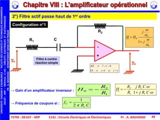 FSTM : DEUST - MIP E141 : Circuits Électriques et Électroniques Pr . A. BAGHDAD 49


CRj
CRj
R
R
H
1
1
1
2
1
→ Gain d’un amplificateur inverseur :
→ Fréquence de coupure si :
1
2
0
R
R
H 
CR
fC
12
1


C
C
j
j
HH






1
0
Configuration n°1
2°) Filtre actif passe haut de 1er ordre
ve vs
+
-
C
R2
R1
Filtre à contre
réaction simple




eeCR
IIAOI
0
0

UNIVERSITEHASSANIICASABLANCA–FACULTEDESSCIENCESETTECHNIQUESMOHAMMEDIA
DEUST-MIP–MODULE:E141–CIRCUITSÉLECTRIQUESETÉLECTRONIQUES
PR.A.BAGHDAD-DEPARTEMENTGENIEELECTRIQUE
 