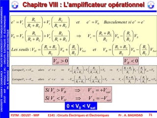 FSTM : DEUST - MIP E141 : Circuits Électriques et Électroniques Pr . A. BAGHDAD 71
SatBSatH
SeeS
es
V
R
R
V
R
RR
VetV
R
R
V
R
RR
VseuilsLes
V
R
R
V
R
RR
V
RR
R
V
RR
R
VV
eesitBasculemenVeet
RR
R
V
RR
R
Ve











 











 












 





























 
2
1
0
2
21
2
1
0
2
21
2
1
0
2
21
21
2
21
1
0
0
21
2
21
1
:
HsateesatsatS
BsateesatsatS
VV
R
R
V
R
RR
VV
RR
R
V
RR
R
VeealorsVVLorsque
VV
R
R
V
R
RR
VV
RR
R
V
RR
R
VeealorsVVLorsque











 


























 

















2
1
0
2
21
0
21
2
21
1
2
1
0
2
21
0
21
2
21
1
satSHe
satSBe
VVVVSi
VVVVSi


0 < V0 < Vsat
0HV 0BV
UNIVERSITEHASSANIICASABLANCA–FACULTEDESSCIENCESETTECHNIQUESMOHAMMEDIA
DEUST-MIP–MODULE:E141–CIRCUITSÉLECTRIQUESETÉLECTRONIQUES
PR.A.BAGHDAD-DEPARTEMENTGENIEELECTRIQUE
 