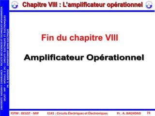 FSTM : DEUST - MIP E141 : Circuits Électriques et Électroniques Pr . A. BAGHDAD 73
Fin du chapitre VIII
UNIVERSITEHASSANIICASABLANCA–FACULTEDESSCIENCESETTECHNIQUESMOHAMMEDIA
DEUST-MIP–MODULE:E141–CIRCUITSÉLECTRIQUESETÉLECTRONIQUES
PR.A.BAGHDAD-DEPARTEMENTGENIEELECTRIQUE
 